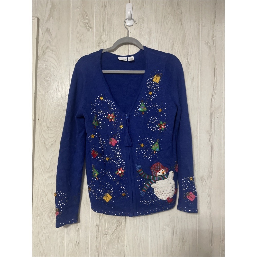 Kim Rogers Womens Embellished Ugly Christmas Cardigan Sweater SZ Small Full Zip